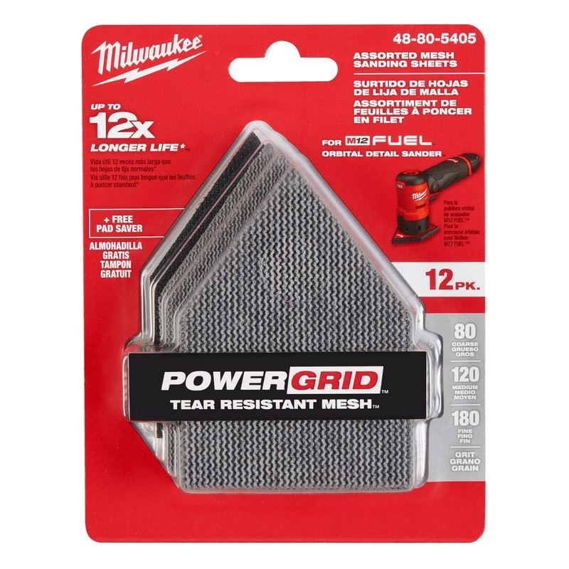 Milwaukee 48 - 80 - 5405 Assorted 80, 120 180 Grit Mesh Sanding Sheets for M12 FUEL Orbital Detail Sander 12 - Pack - Mississauga Hardware Centre Inc