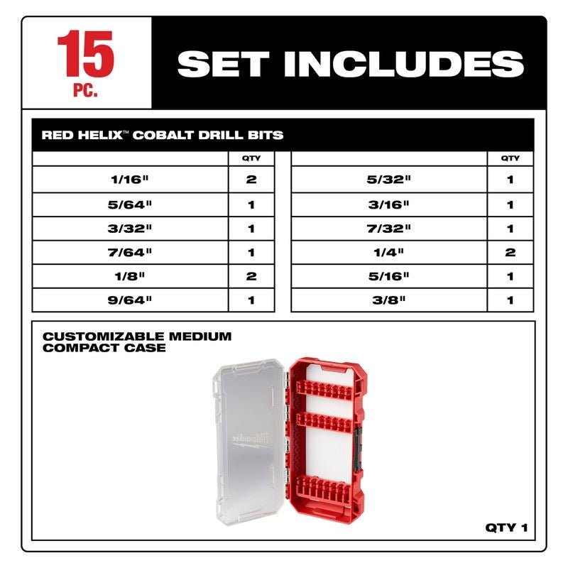 Milwaukee 48 - 89 - 2370 RED HELIX Cobalt Drill Bit Set - 15PC - Mississauga Hardware Centre Inc