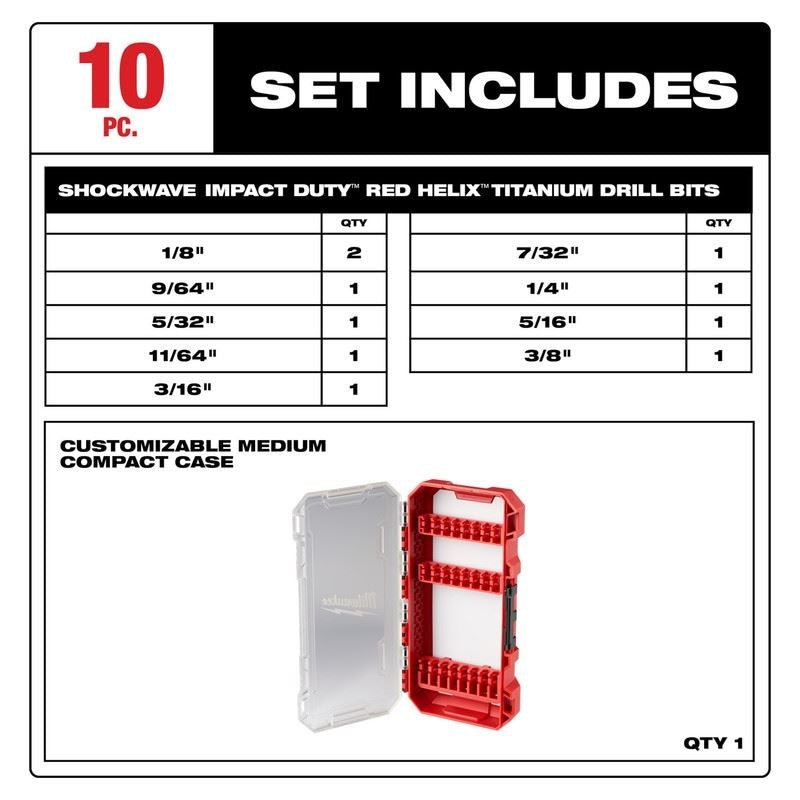 Milwaukee 48 - 89 - 4633 SHOCKWAVE Impact Duty RED HELIX Titanium Drill Bit Set - 10PC - Mississauga Hardware Centre Inc