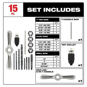 Milwaukee 49 - 22 - 5602 15PC SAE Tap and Die Set with Hex - LOK 2 - in - 1 Handle - Mississauga Hardware Centre Inc
