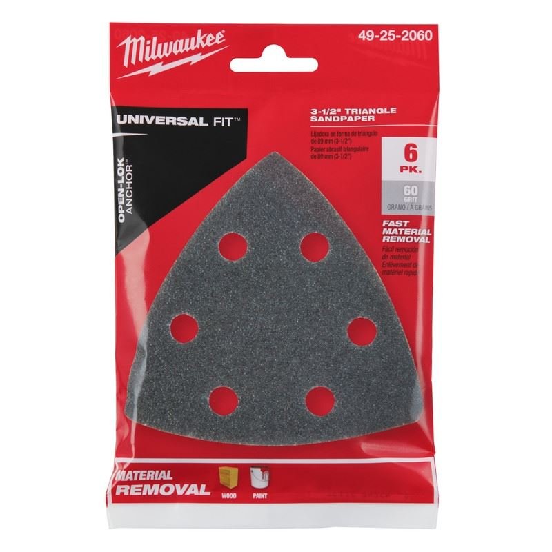 Milwaukee 49 - 25 - 2060 3 - 1/2 in 60 Grit Triangle Sandpaper 6 Pk - Mississauga Hardware Centre Inc