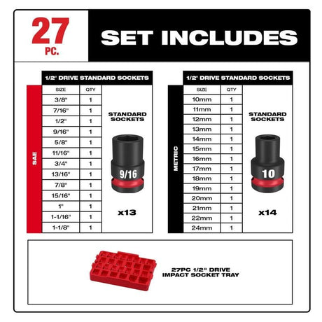 Milwaukee 49 - 66 - 6819 SHOCKWAVE Impact Duty Socket 1/2in Dr 27PC SAE TRAY Set - Mississauga Hardware Centre Inc