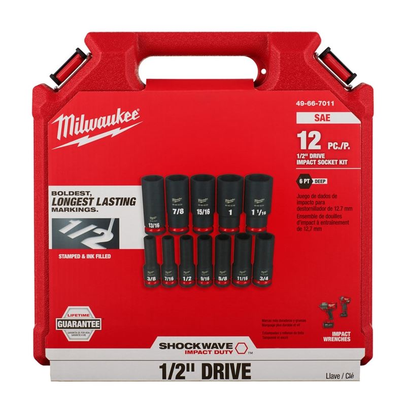 Milwaukee 49 - 66 - 7011 12PC SHOCKWAVE Impact Duty 1/2in Drive SAE Deep 6 Point Socket Set - Mississauga Hardware Centre Inc