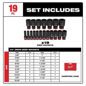 Milwaukee 49 - 66 - 7012 19PC SHOCKWAVE Impact Duty 1/2in Drive SAE Deep 6 Point Socket Set - Mississauga Hardware Centre Inc