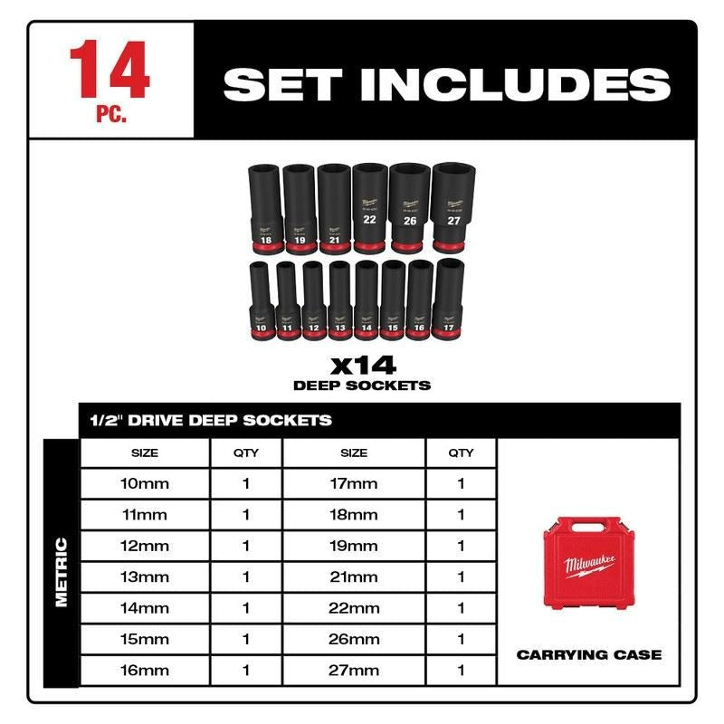 Milwaukee 49 - 66 - 7014 14PC SHOCKWAVE Impact Duty 1/2in Drive Metric Deep 6 Point Socket Set - Mississauga Hardware Centre Inc