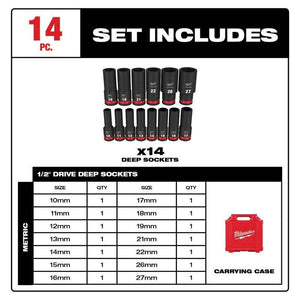 Milwaukee 49 - 66 - 7014 14PC SHOCKWAVE Impact Duty 1/2in Drive Metric Deep 6 Point Socket Set - Mississauga Hardware Centre Inc