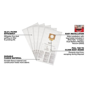 Milwaukee 49 - 90 - 1989 Fleece Dust Bags (5PK) - 9 Gallon - Mississauga Hardware Centre Inc