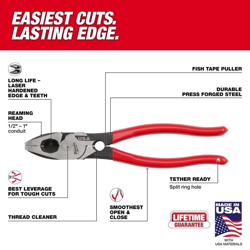 Milwaukee MT500T 9in Linemans Dipped Grip Pliers w/ Thread Cleaner (USA) - Mississauga Hardware Centre Inc