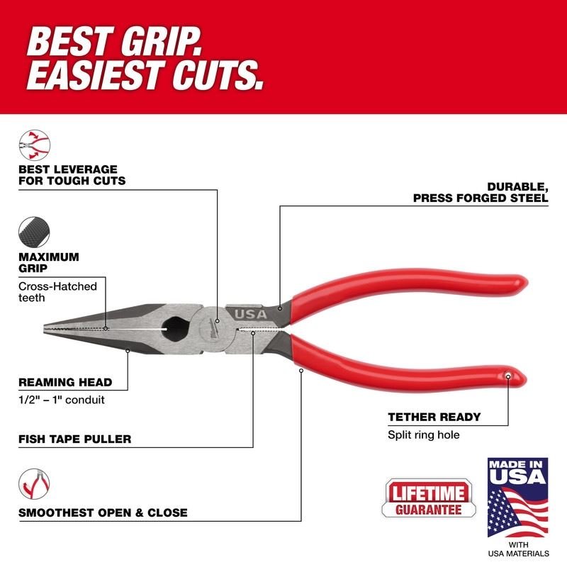Milwaukee MT505 8in Long Nose Dipped Grip Pliers (USA) - Mississauga Hardware Centre Inc