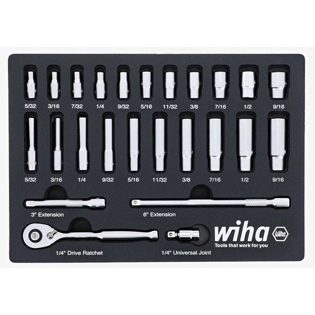 WIHA 33396 25 Piece 1/4â€ Drive Professional Standard and Deep Socket Tray Set - SAE - Mississauga Hardware Centre Inc