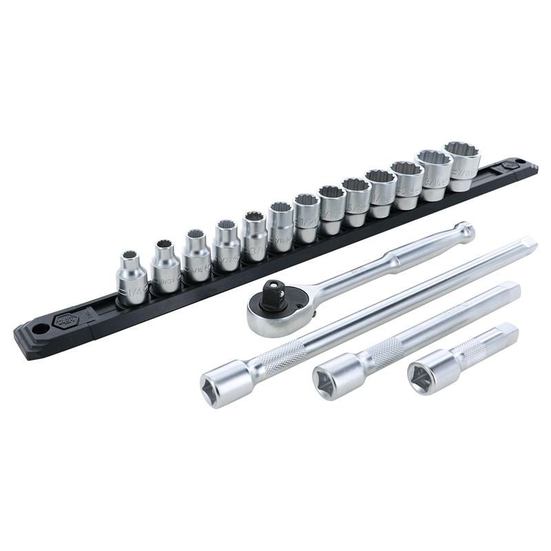 Wiha 33790 3/8 Inch Drive 12 Point Socket Set 1/4 to 7/8" with Ratchet and Extensions 13 - Piece - Mississauga Hardware Centre Inc
