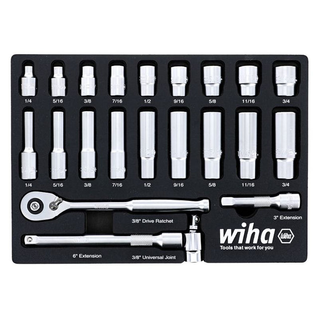 WIHA 33796 22 Piece 3/8â€ Drive Professional Standard and Deep Socket Tray Set - SAE - Mississauga Hardware Centre Inc
