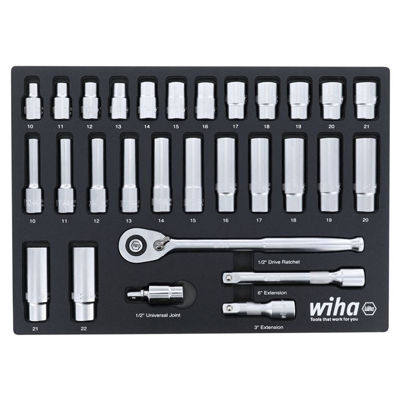 WIHA 33895 29 Piece 1/2â€ Drive Professional Standard and Deep Socket Tray Set - Metric - Mississauga Hardware Centre Inc