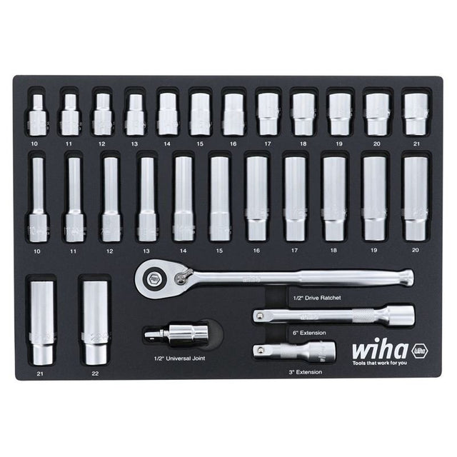 WIHA 33895 29 Piece 1/2â€ Drive Professional Standard and Deep Socket Tray Set - Metric - Mississauga Hardware Centre Inc