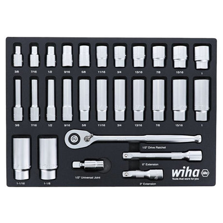 WIHA 33896 28 Piece 1/2â€ Drive Professional Standard and Deep Socket Tray Set - SAE - Mississauga Hardware Centre Inc