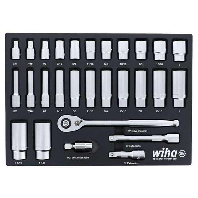 WIHA 33896 28 Piece 1/2â€ Drive Professional Standard and Deep Socket Tray Set - SAE - Mississauga Hardware Centre Inc